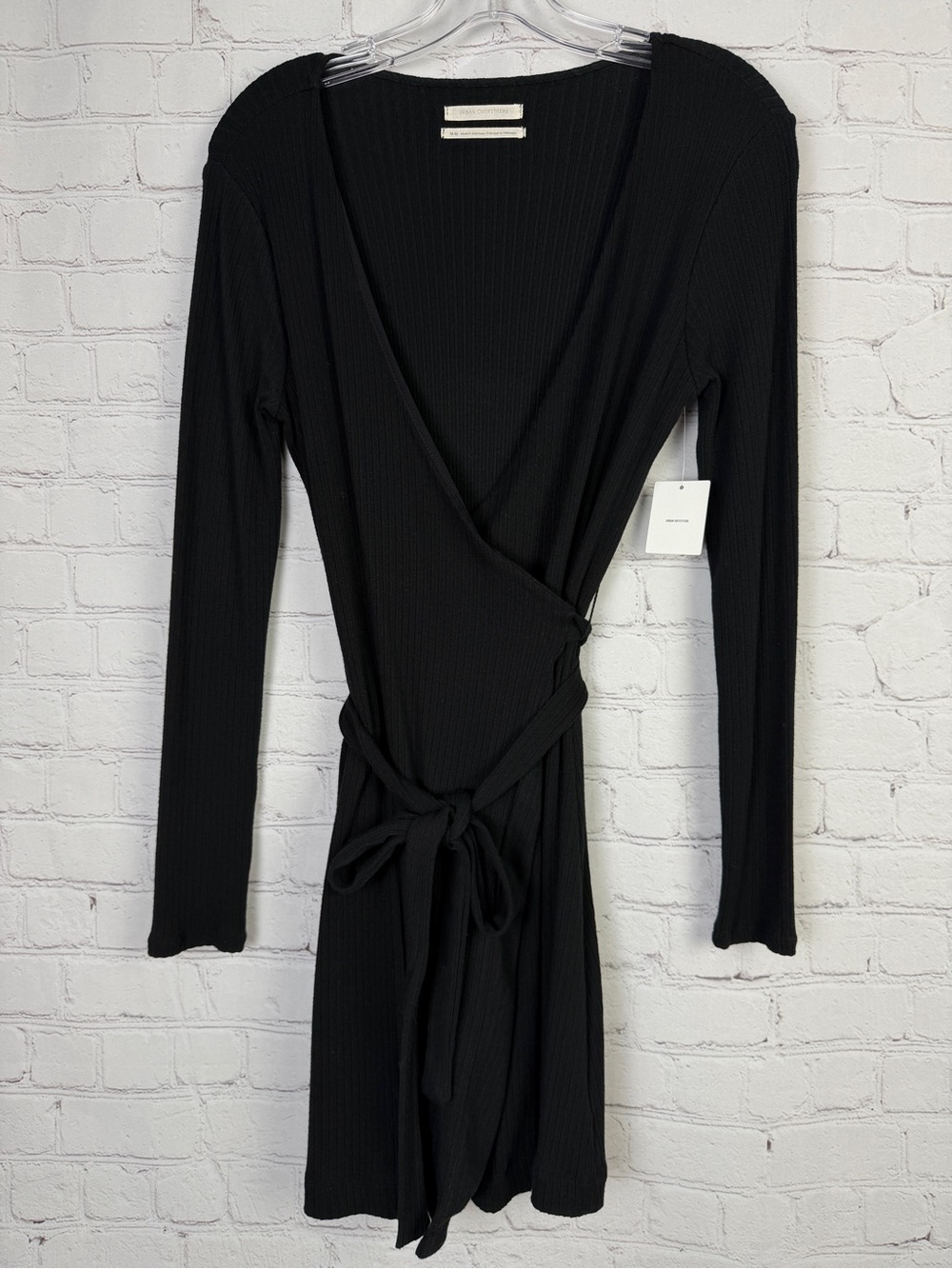 URBAN OUTFITTERS Rena black ribbed long sleeve lined wrap dress NEW, size M